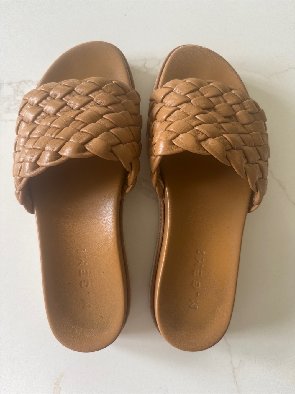 M. Gemi Braided Leather Slide Sandals in Cognac